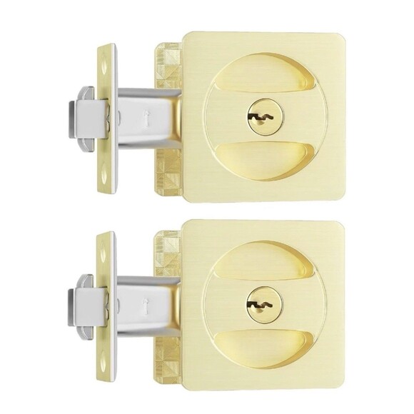 Leydebong Pack of 2 Gold Pocket Door Lock with Keys Square Pocket Door Hardware - Picture 1 of 15